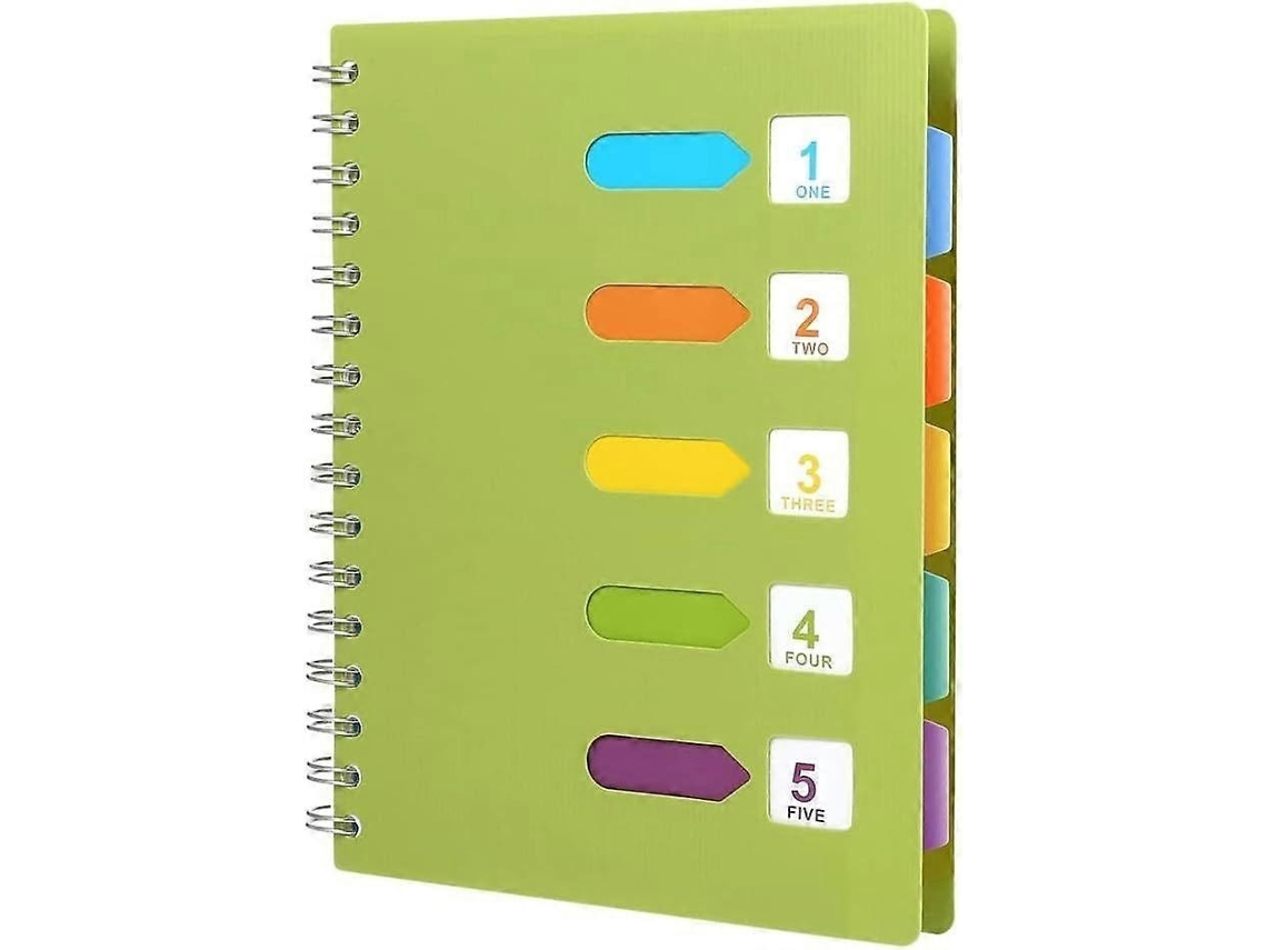 Lurelia Caderno Espiral Com 5 Seções, Separadores De Página E Abas De Índice, Tamanho A5, Verde