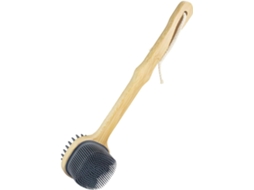 Escova De Banho Silicone Bege Com Cabo Longo Bambu Para Esfoliação Completa Do Corpo E Fácil Limpeza, Com Prático