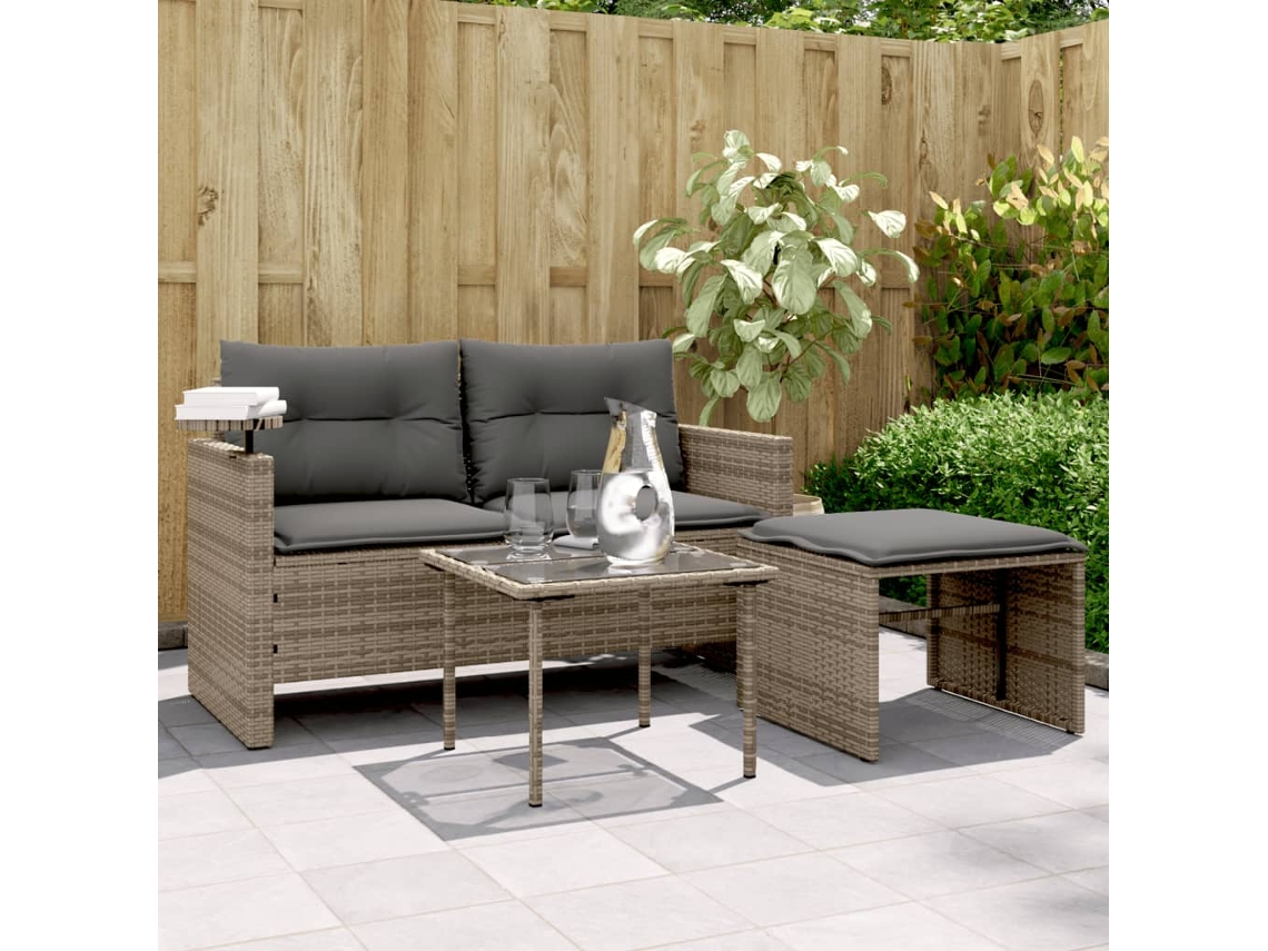 Vidaxl 3 Pcs Conjunto Sofás De Jardim C/ Almofadões Vime Pe Cinzento