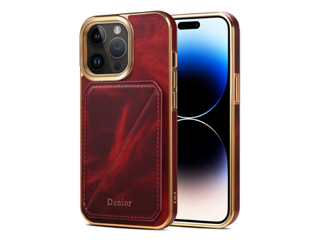 Denior Casa Em Tpu Pele Genuína Galvanizado, Com Suporte E Porta-cartões Para Apple Iphone 14 Pro - Vermelho