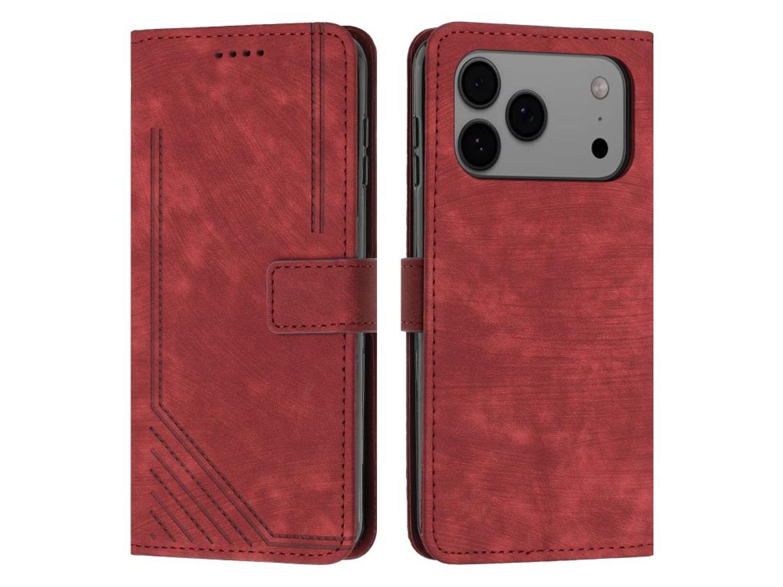 Capa De Couro Para Iphone 17 Pro Com Padrão Listrado E Cordão.
