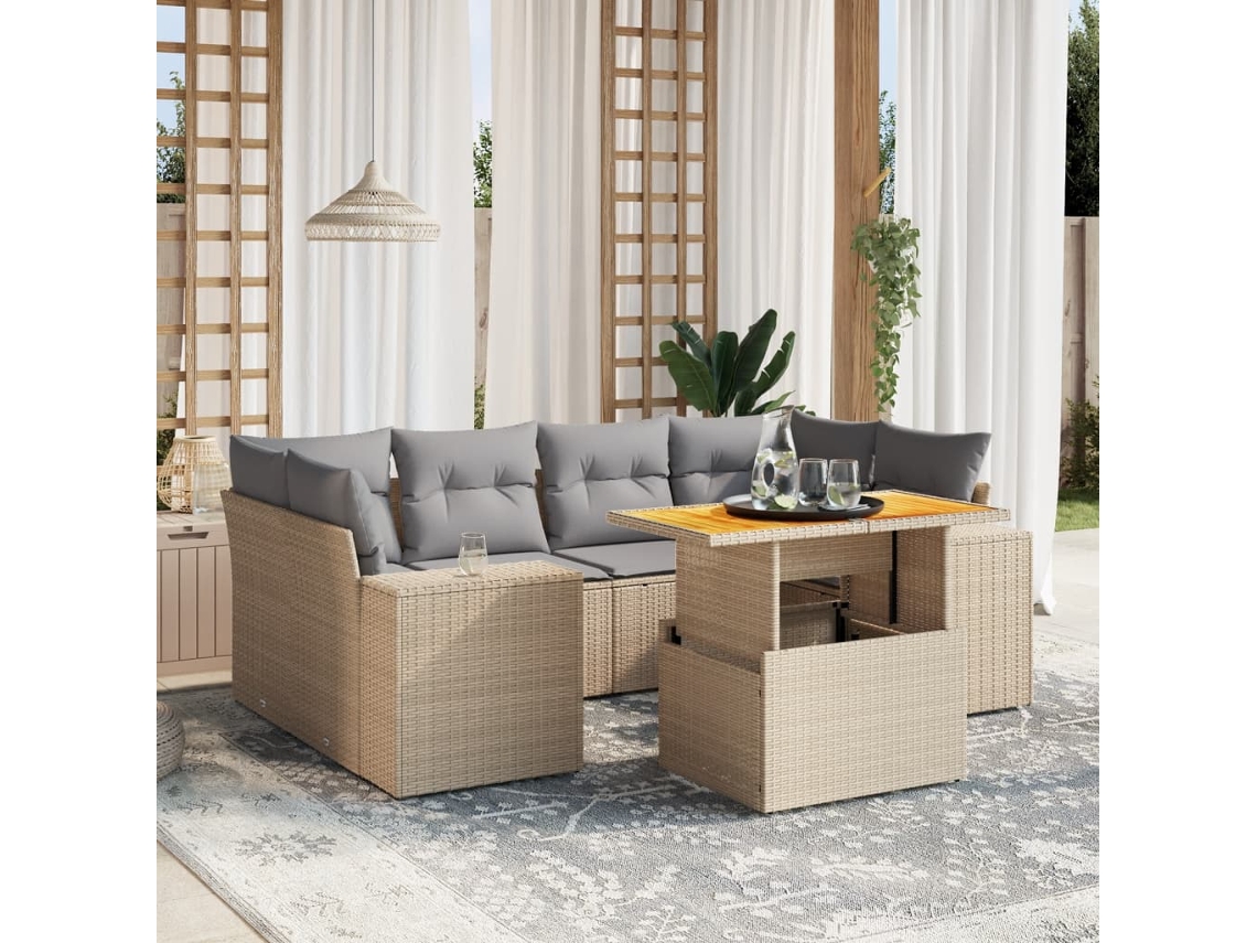 Vidaxl 7 Pcs Conjunto De Sofás P/ Jardim Com Almofadões Vime Pe Bege