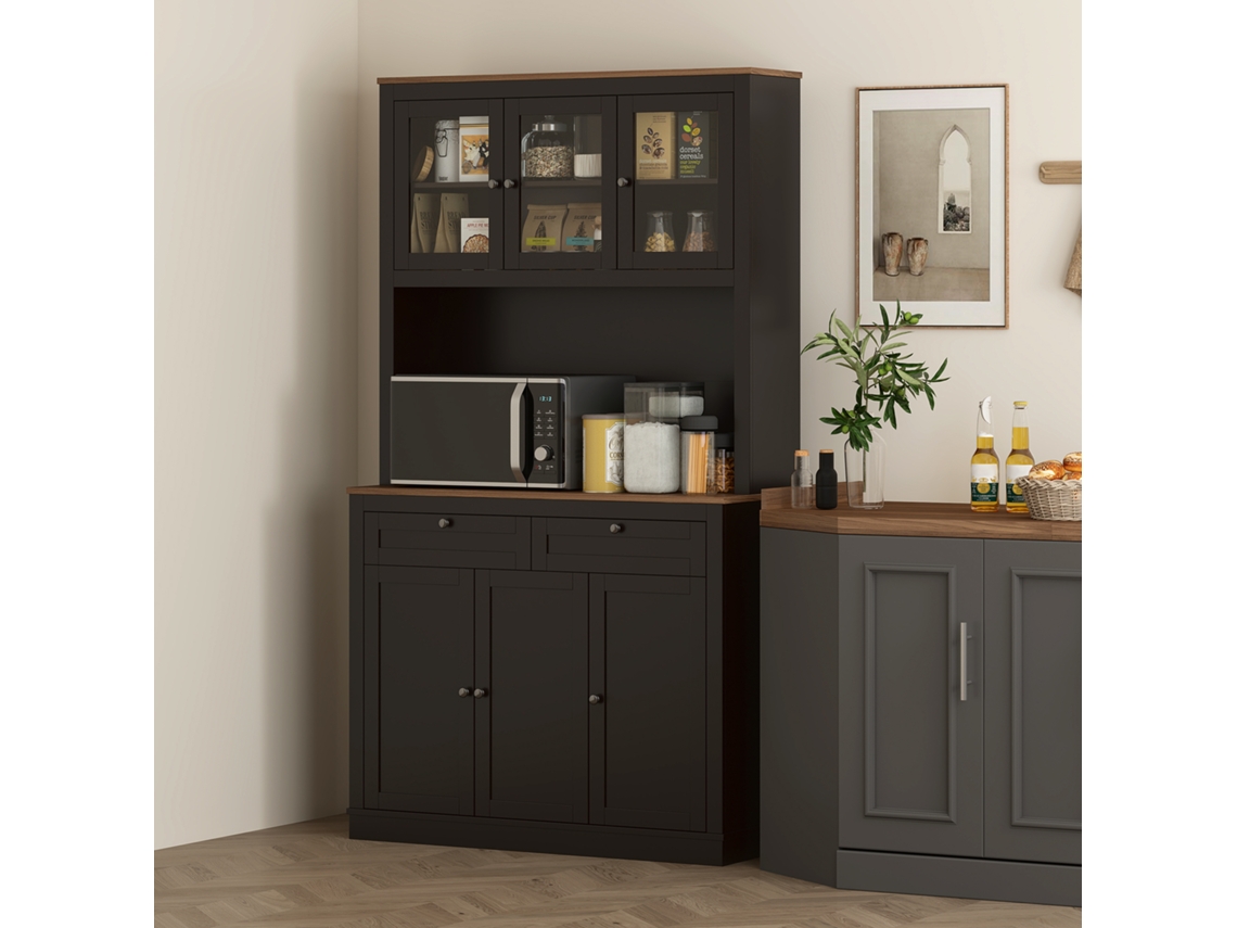 Despensa Para Cozinha Preta 100x40x180 Cm, Com 3 Portas De Vidro, Compartimento Aberto, 2 Gavetas E Prateleiras Ajustáveis