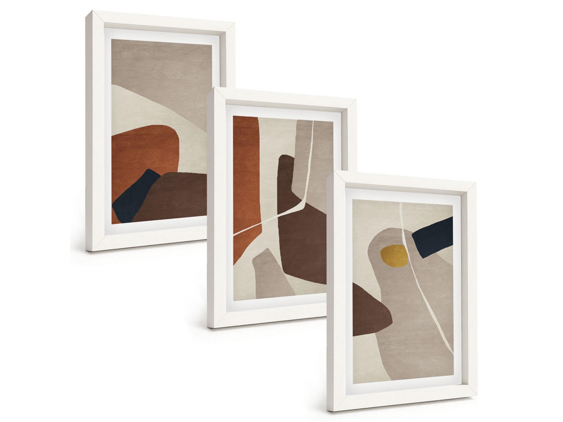 Conjunto De Quadros Com Moldura Pintura Boho Abstrata Moldura Branca Fotos Para O Corredor Espelharte (3 Peças 20x30 Cm)
