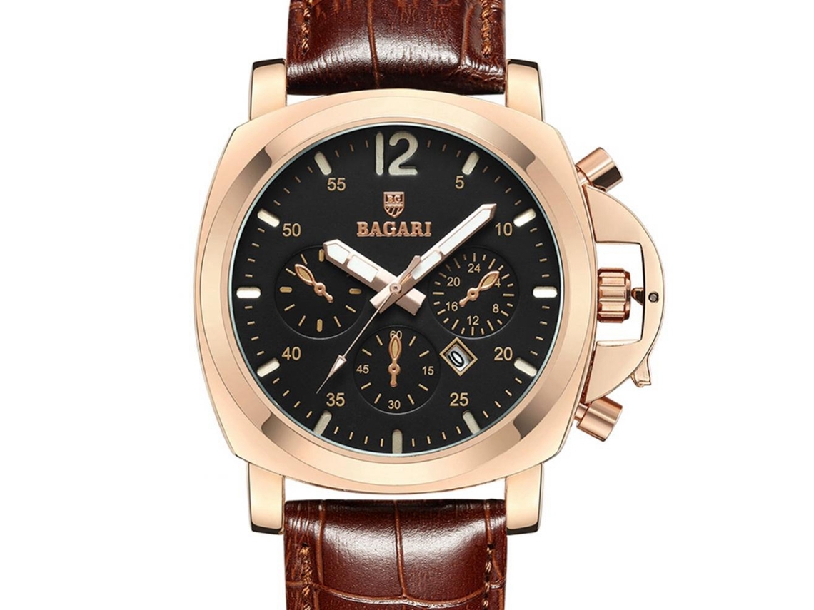 Relógio de pulso redondo Bagari, elegante, com pulseira de PU, mostrador simples, movimento de quartzo, detalhes em ouro rosa e marrom.