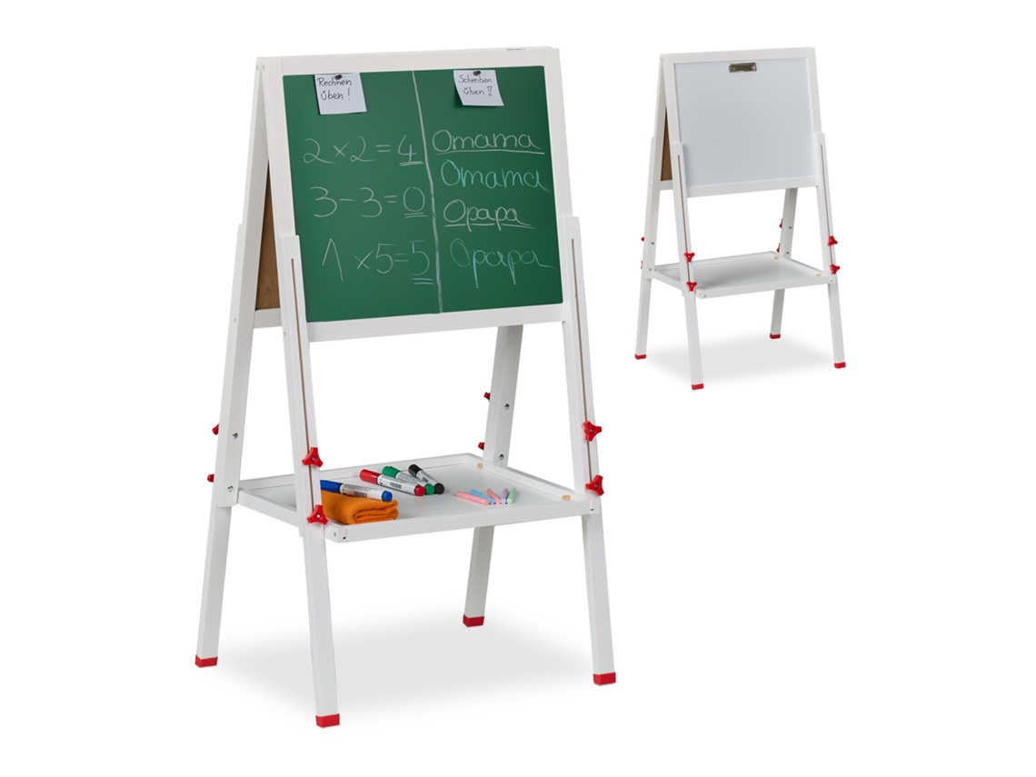 Relaxdays Tabela Infantil Magnética, Ajustável Em Altura, 102-135x55x52 Cm, 3 Em 1: Quadro Branco E De Giz, Branco