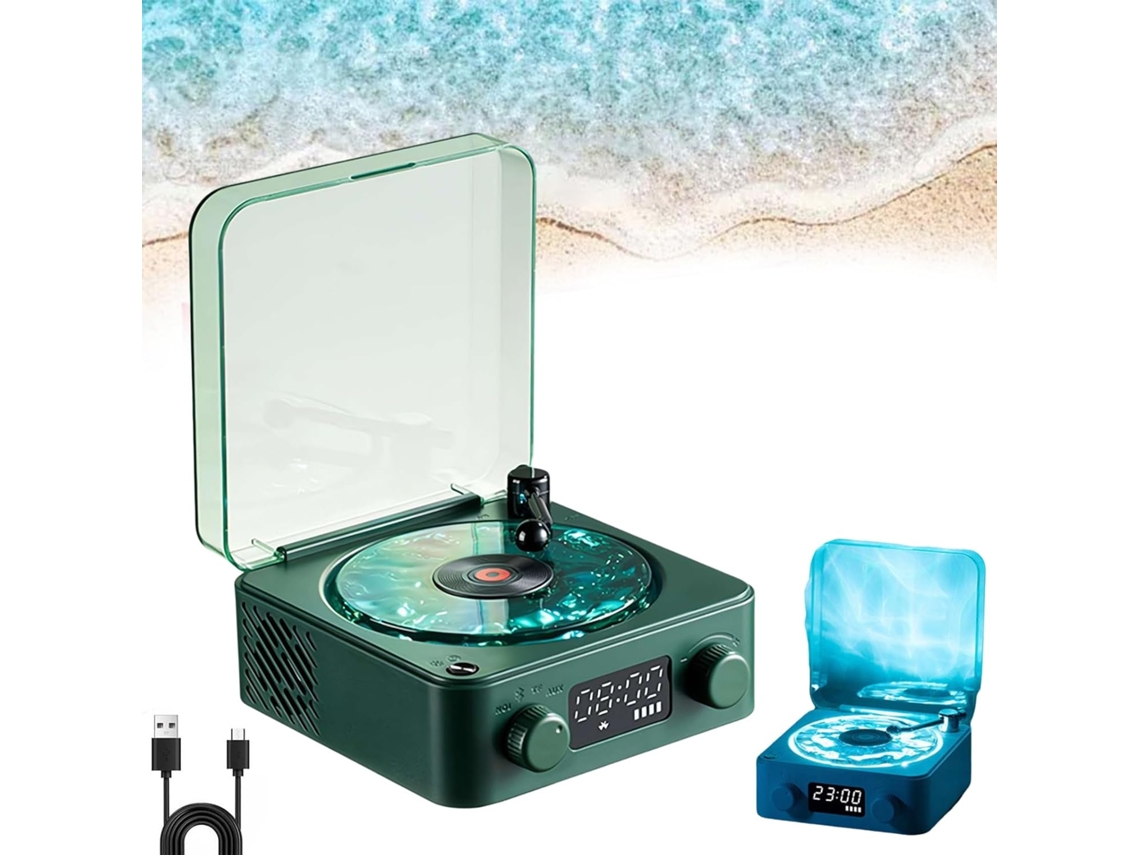 Relógio de vinil com Bluetooth, alto-falante portátil retrô para discos de vinil com luz e hora ajustáveis, disco rígido verde