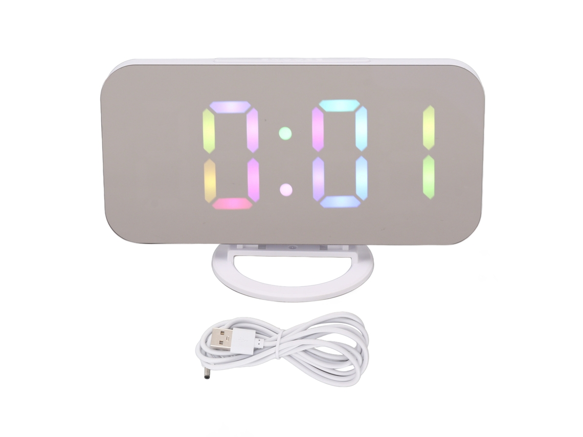 Reloj Despertador Digital Com Espelho Led Brilho Ajustável Rgb Tela Grande E 2 Portas Usb Branco