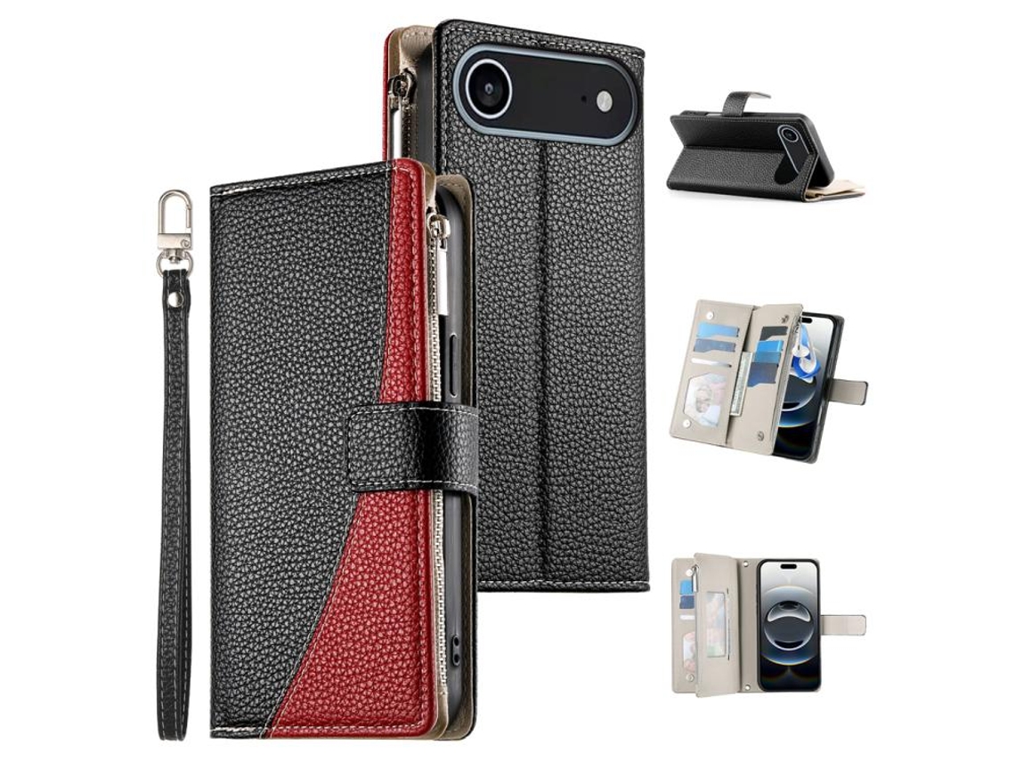 Capa De Couro Para Iphone 17 Air Com Vários Compartimentos E Zíper, Alça Curta.