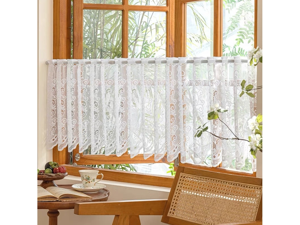 Cortina De Renda Vazada Com Padrão Espiral Em Estilo Europeu, Meia Cortina Com Bainha Ondulada, Cortina Decorativa Curta (1 Par 74x60cm)