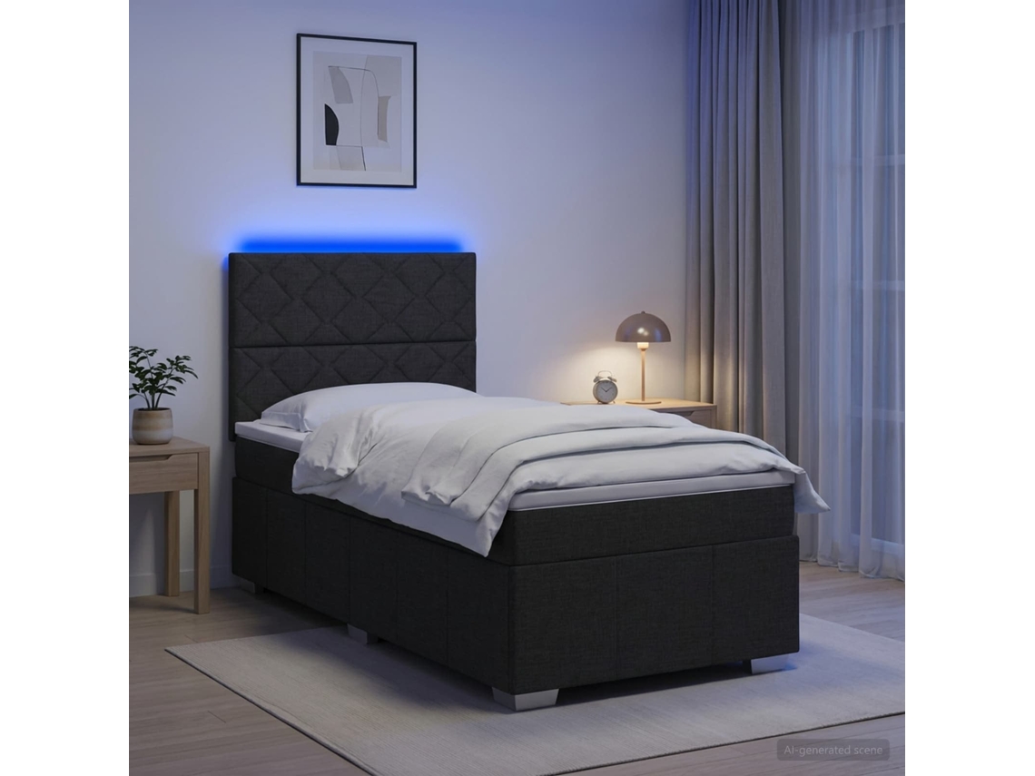 Vidaxl Cama Box Com Led E Colchão Preto 100 X 200 Cm Tecido