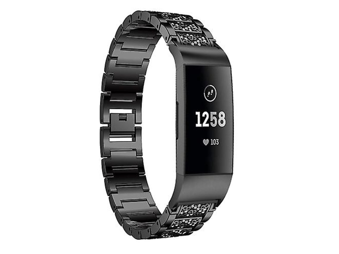 Lurelia Pulseira De Aço Inoxidável Sólido Com Diamantes Incrustados, Compatível Fitbit Charge 3, Preto, Acabamento Moderno