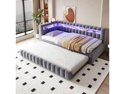 Sofá-cama Extensível Estofado 90x200 Cm Com Led, Cabeceira Com Arrumação, Usb, Padrão Riscas E Veludo Cinza Escuro