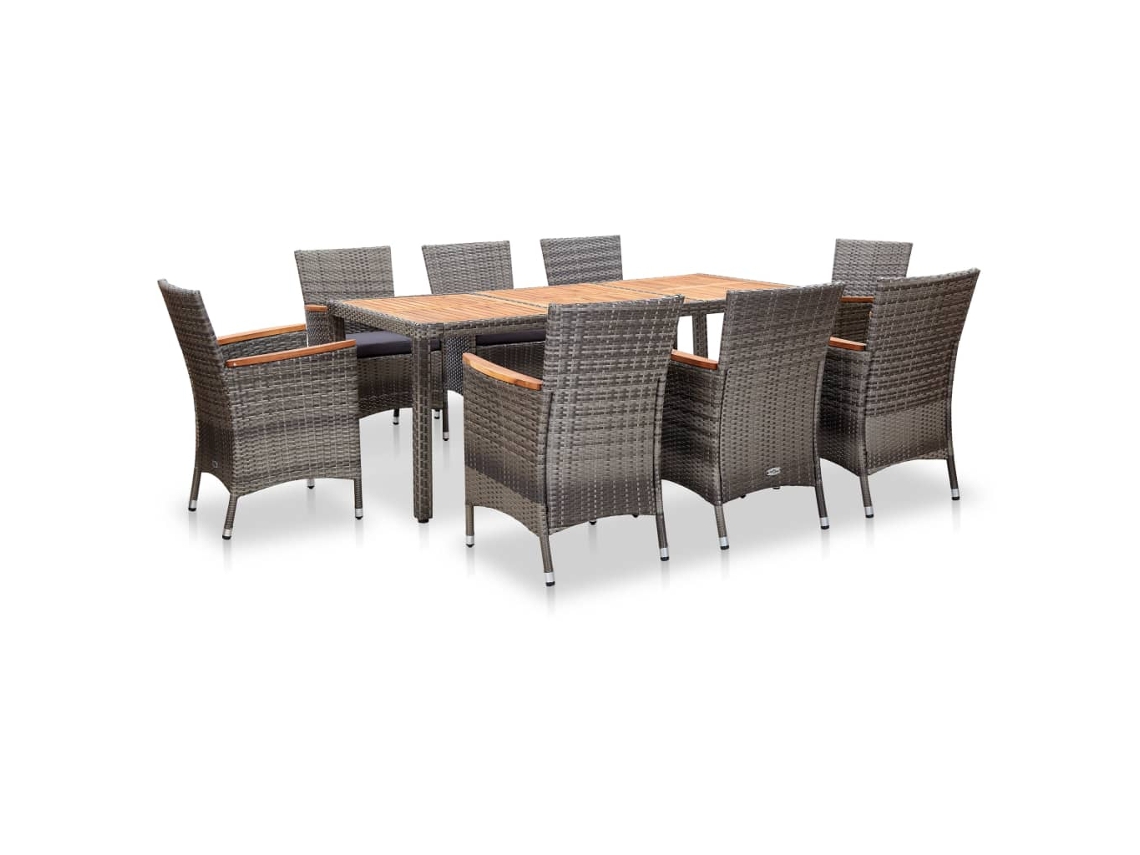 Vidaxl 9 Pcs Conjunto Jantar Jardim Com Almofadões Vime Pe Cinzento