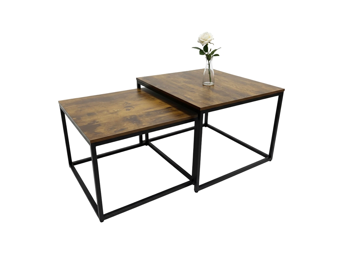 Conjunto Com 2 Mesas Laterais Industriais De Encaixe, Tampo Com Efeito Madeira E Pés De Metal Preto