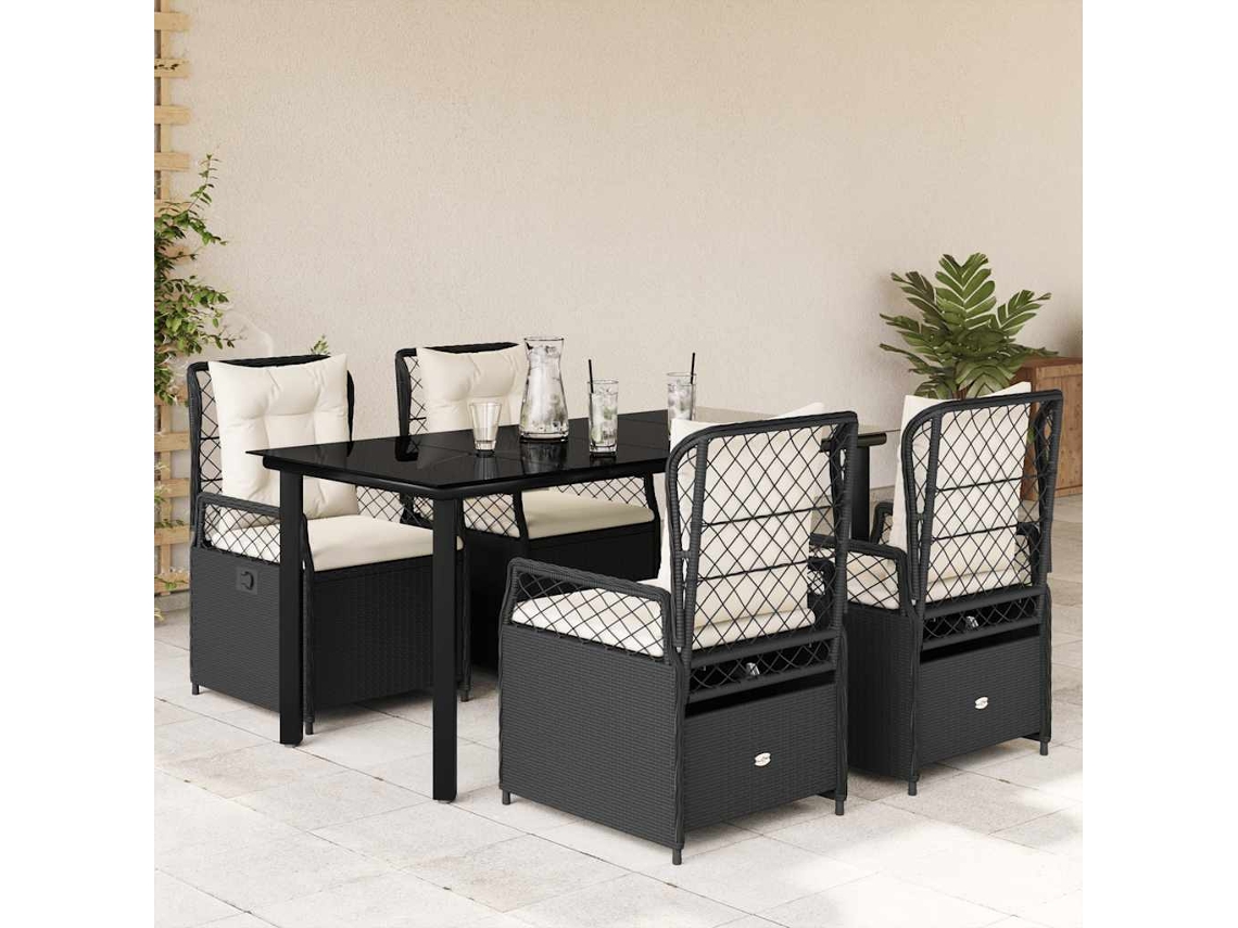 Vidaxl 5 Pcs Conjunto De Jantar P/ Jardim C/ Almofadões Vime Pe Preto