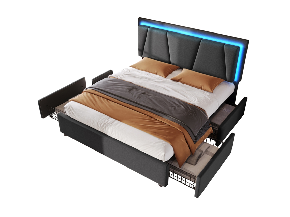 Cama de Casal Estofada 160x200cm com Led,4 Gavetas e Cabeceira Ajustável,estrutura de Madeira Cinza PAPRIKA (colchão Não Incluído)