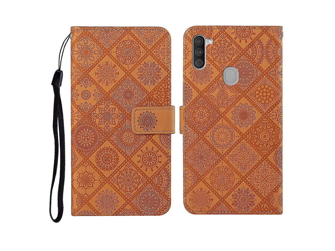 Capa De Couro Com Aba Horizontal, Estilo Étnico E Padrão Em Relevo Para Samsung Galaxy M11, Com Suporte, Compartimentos Para Cartões, Carteira E Cordã