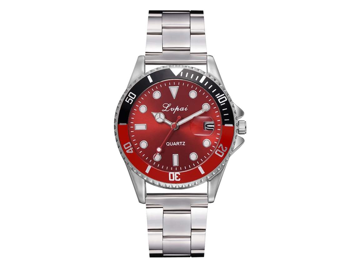 Relógio de negócios unissex com pulseira de aço e movimento de quartzo para homens e mulheres, preto e vermelho.