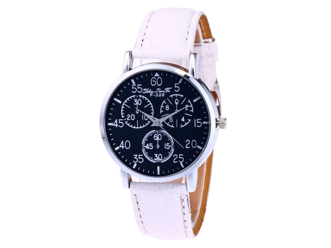 Relógio de pulso feminino branco analógico de quartzo com mostrador redondo e pulseira de liga metálica.