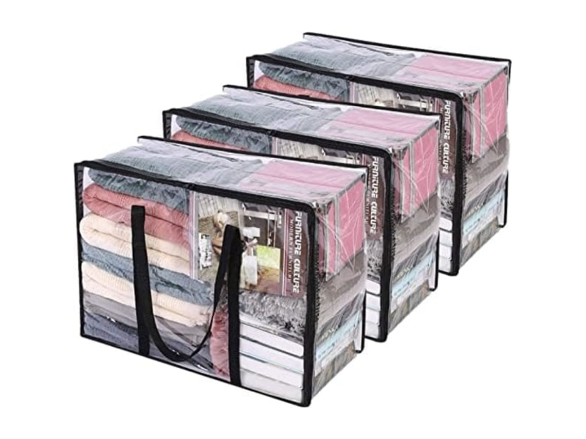 Conjunto De 3 Sacos Organizadores Transparentes Para Roupas, Sacos Com Zíper De 55l Para Guarda-roupa, Sacos Plásticos Para Edredons