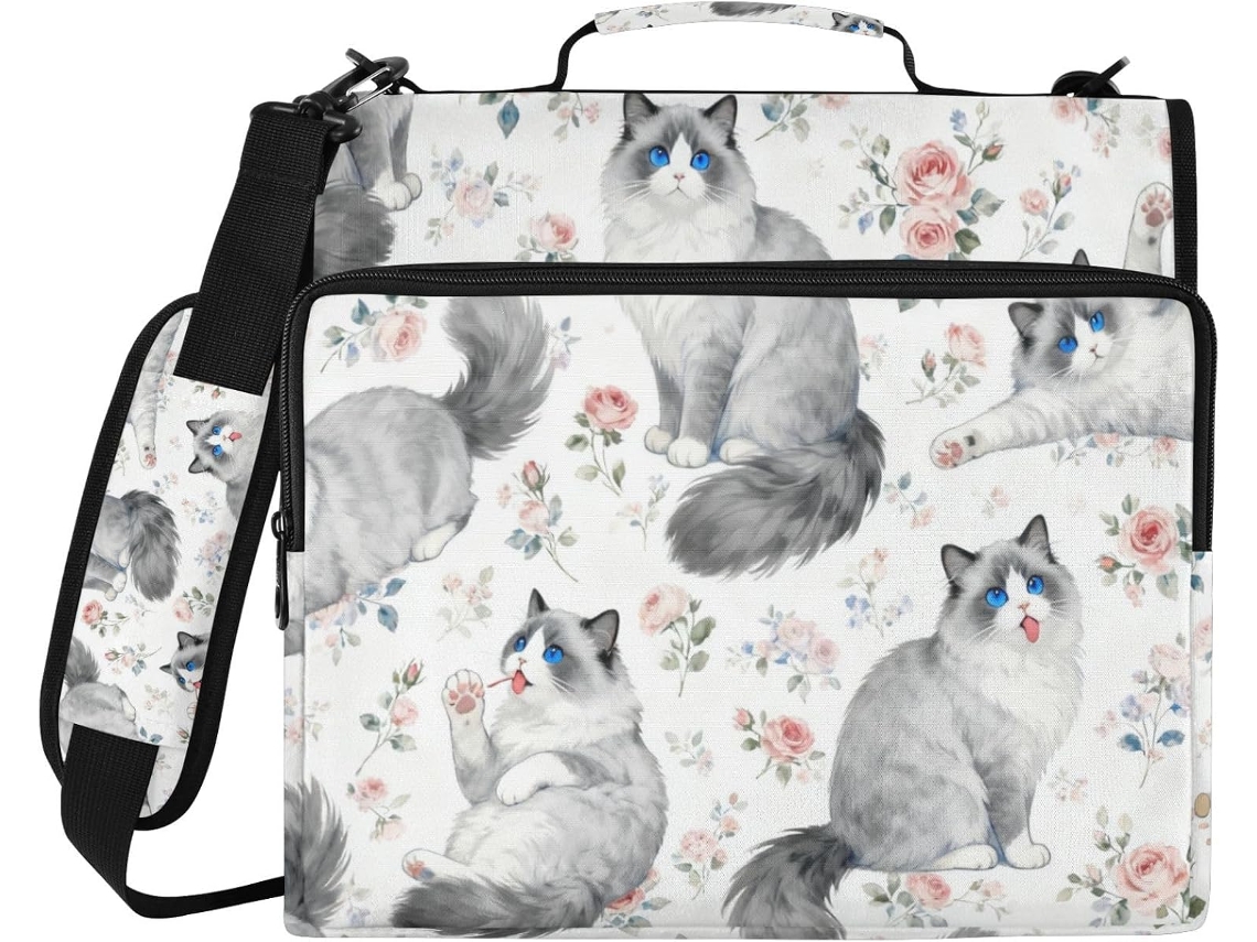 Organizador De Documentos Com Estampa Gato Fofo E Flores Em Branco Cinza, 3, 8cm, 3 Argolas, Alça Removível, Alça De