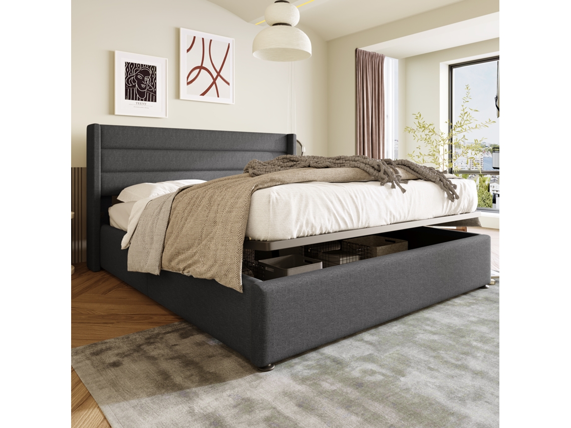 Cama 160x200 Linho Cinza com Arrumação