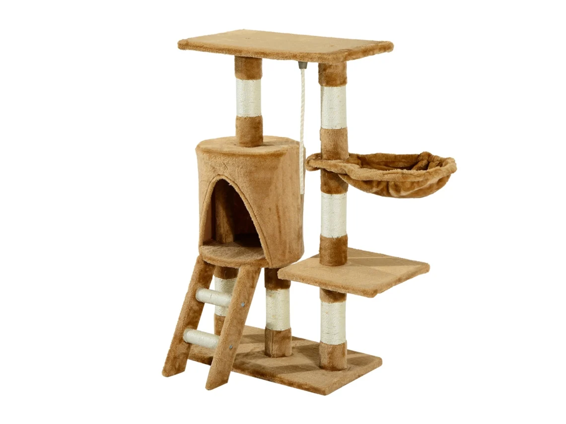 Árvore Com Arranhador 55x30x95 Cm Com Plataforma Ninho, Casinha, Escada, Corda, Tabuleiro De Madeira E Revestimento De Pelúcia Marrom
