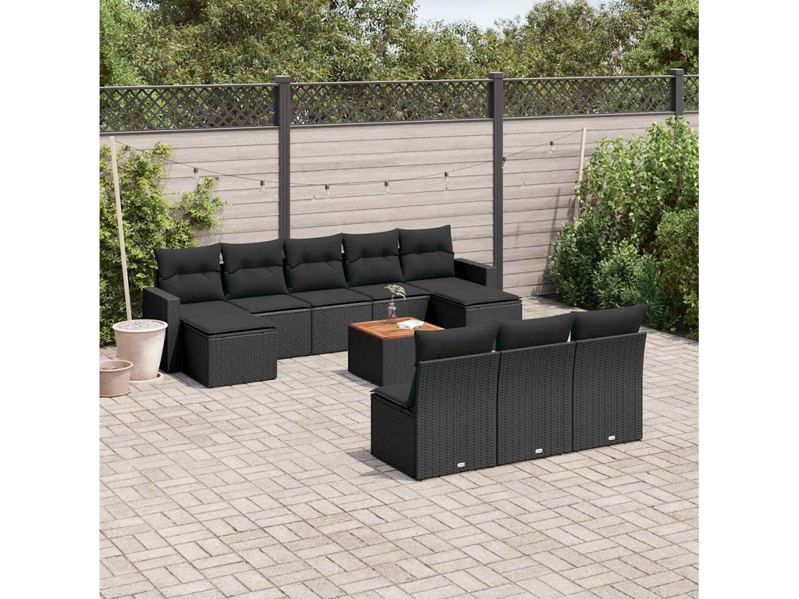 Vidaxl 11 Pcs Conjunto Sofás De Jardim C/ Almofadões Vime Pe Preto