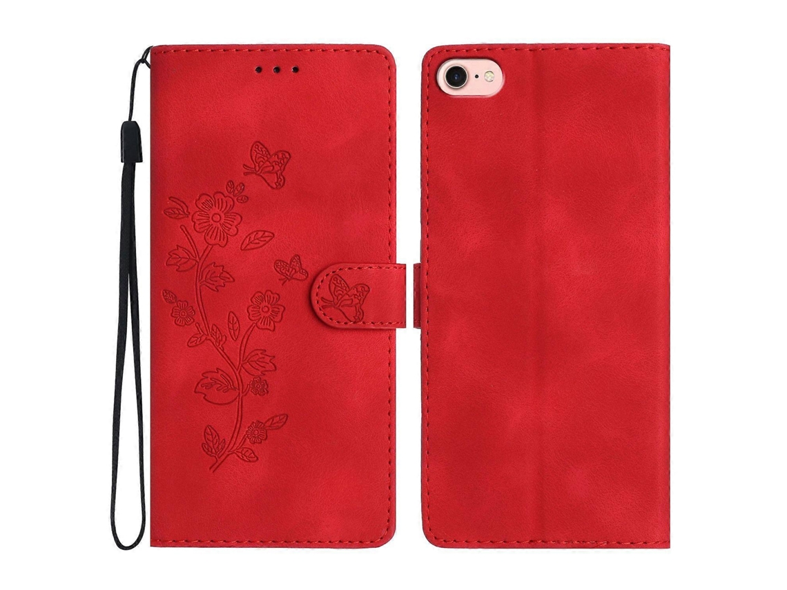 Capa De Couro Com Estampa De Flores E Alça De Pulso Para Iphone 16e - Vermelho