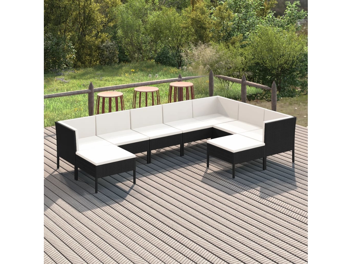 9 Pcs Conjunto Lounge De Jardim C/ Almofadões Vime Pe Preto Dkd Home Decor
