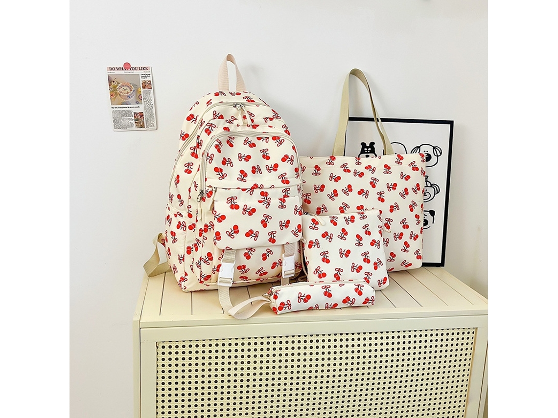 Conjunto De Mochila Estampa De Morango Com Quatro Peças, Mochila+bolsa De Mão+bolsa Transversal+estojo Branco