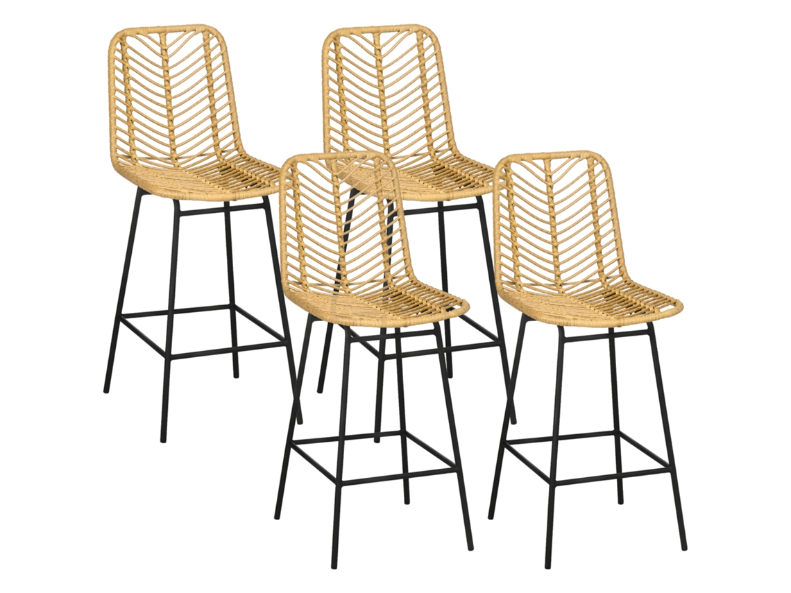 Banquinhos de Bar 4 Unid. 42,5x52x102cm Amarelo com Encosto Canework, Apoio Pés, Estrutura de Aço | S/MARCA