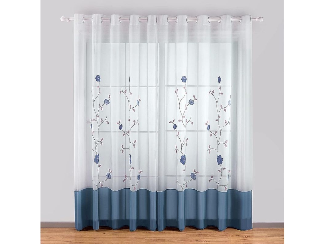 2026 cortina Transparente de Encaje Con Bordado Floral para Dormitorio Cocina Sala Azul 140x260cm