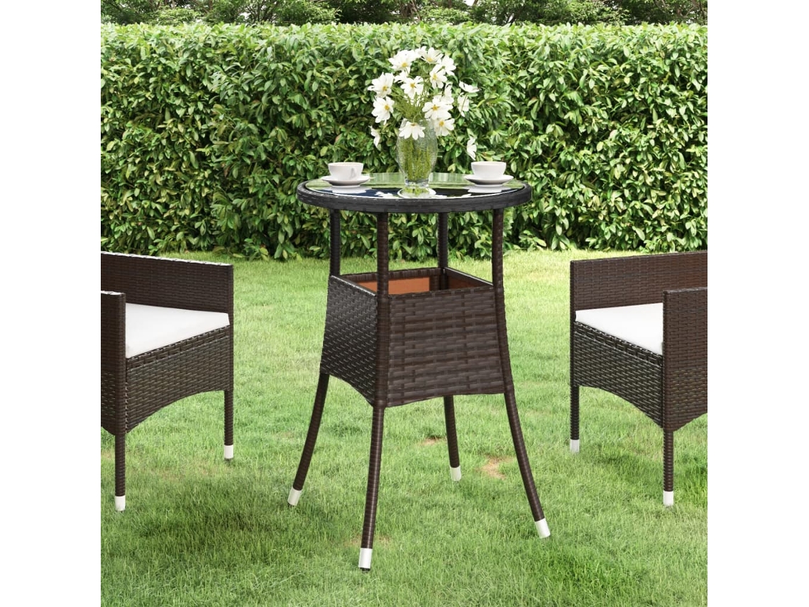 Vidaxl Mesa De Jardim Ø60x75 Cm Vidro Temperado E Vime Pe Castanho