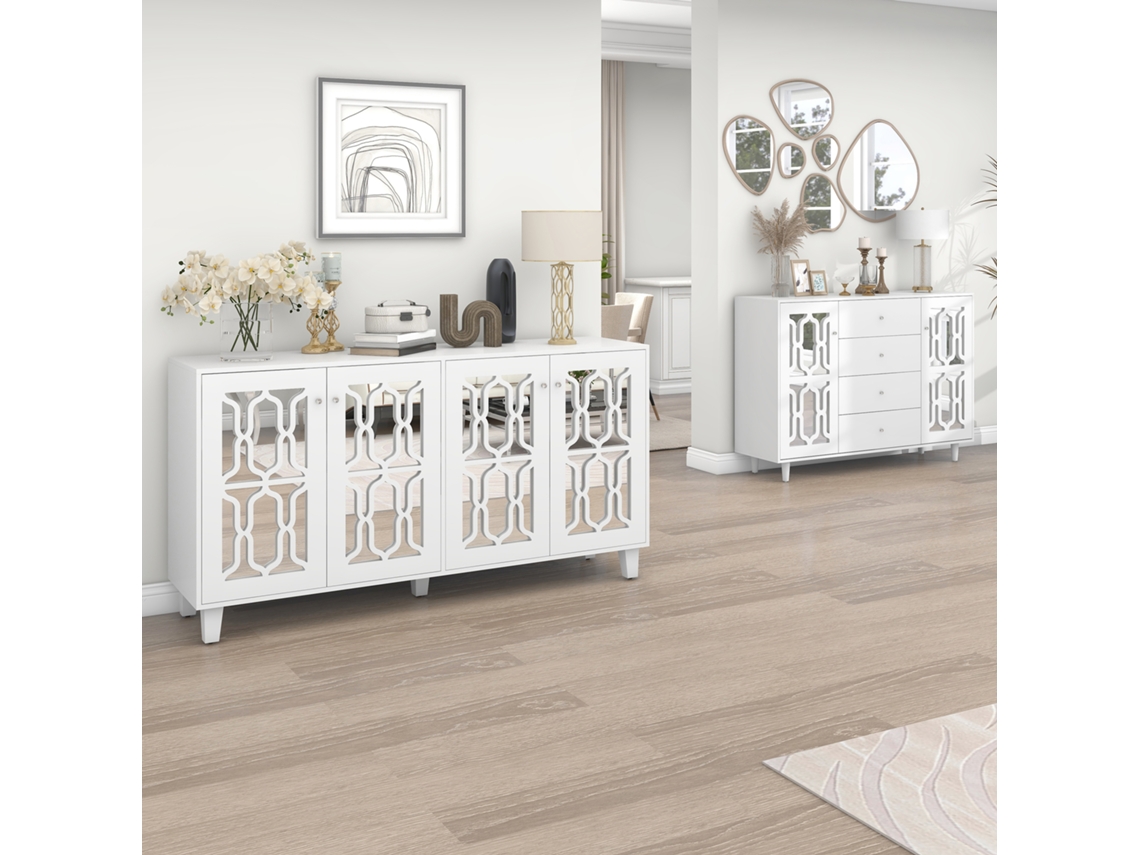 Buffet Com Espelho Branco, Punhos De Cristal, Quatro Portas, Painel Móvel Decoração Sala E Sala De Jantar 160×40×84cm