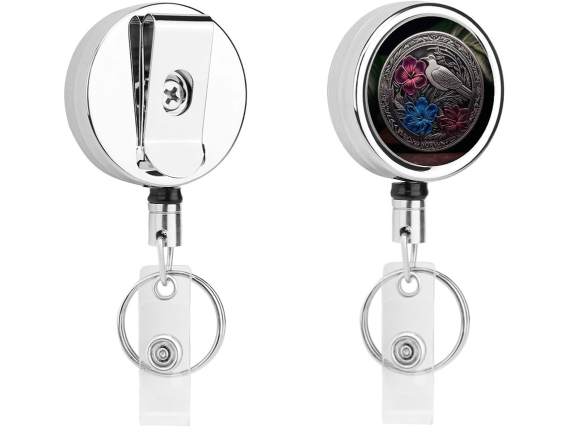 Porta Crachás Retrátil De Metal Com Hibisco E Hera, Clipes Resistentes Crachás, Chaveiro, Porta Cartões De