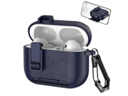 Capa em Couro Vegano para Airpods Pro 2 com Mosquetão, Compatível com Carregamento Sem Fio Azul PANOONA