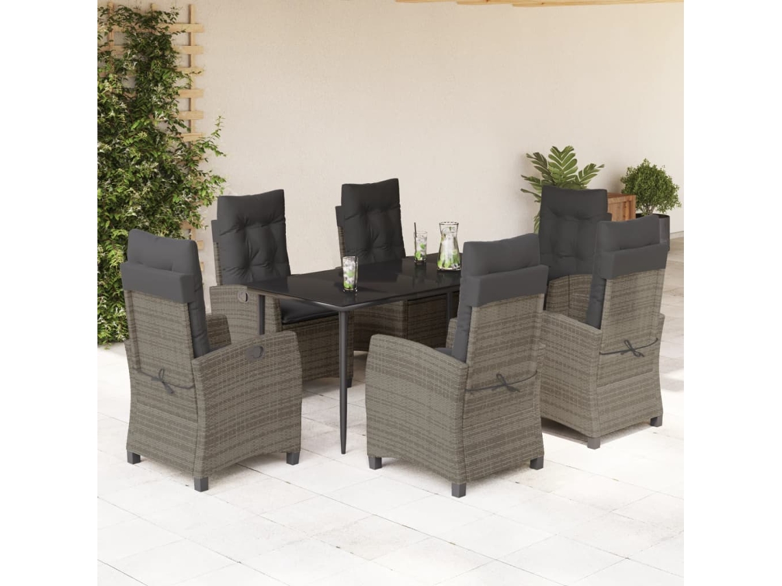Vidaxl 7 Pcs Conjunto De Jantar P/ Jardim C/ Almofadões Vime Pe Cinza