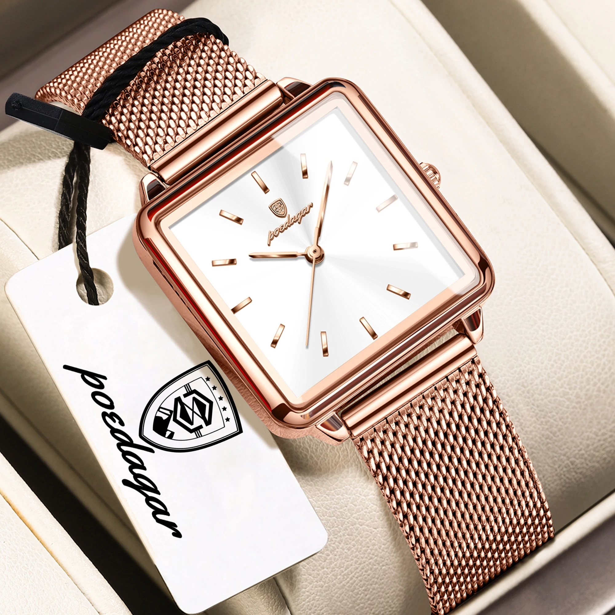 Relógio feminino elegante em formato quadrado, em ouro rosa, resistente à água, modelo de quartzo, com design moderno e sofisticado.