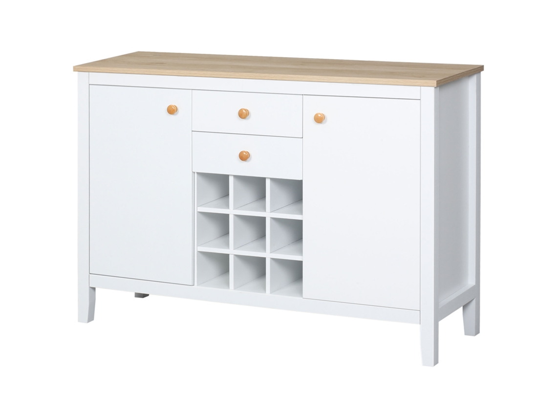 Aparador De Cozinha Com 2 Gavetas 2 Armários Com Prateleiras Ajustáveis E Suporte Para 9 Garrafas 110x35x75 Cm Branco E Madeira