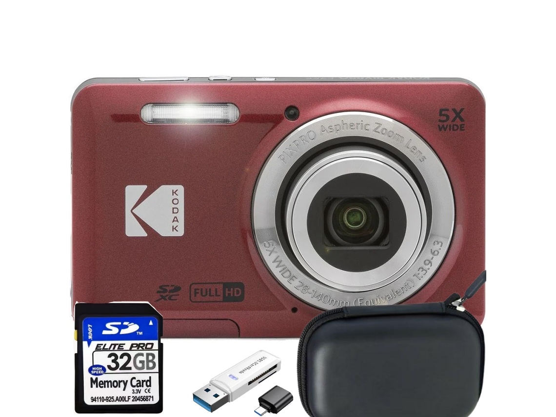 Kodak Pixpro Fz55 Vermelho+cartão Sd De 32 Gb + Bolsa De Transporte + Leitor De Cartões