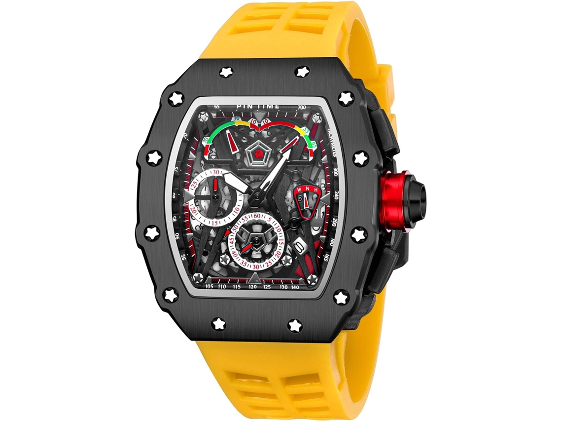 Lurelia Relógio Mecânico Masculino, Cronógrafo, Data/calendário, Luminoso, Mostrador Esqueleto, 44 Mm, Aço Inoxidável, Silicone, Resistente À Água