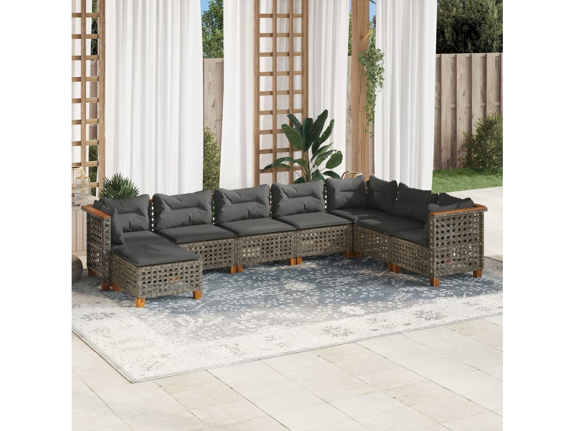8 Pcs Conjunto Sofás De Jardim C/ Almofadões Vime Pe Cinza Dkd Home Decor