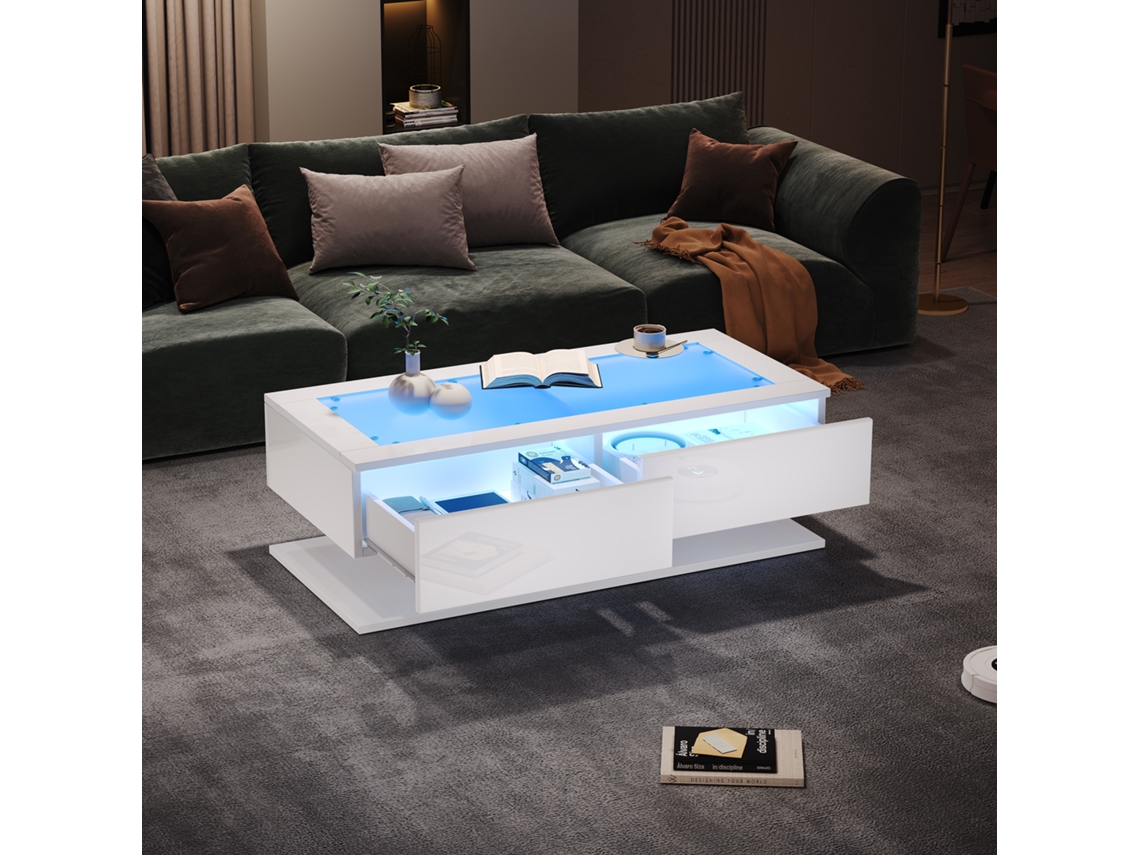 Mesa de Centro MOBRIO com Led e Vidro Branco 100x50x35 cm