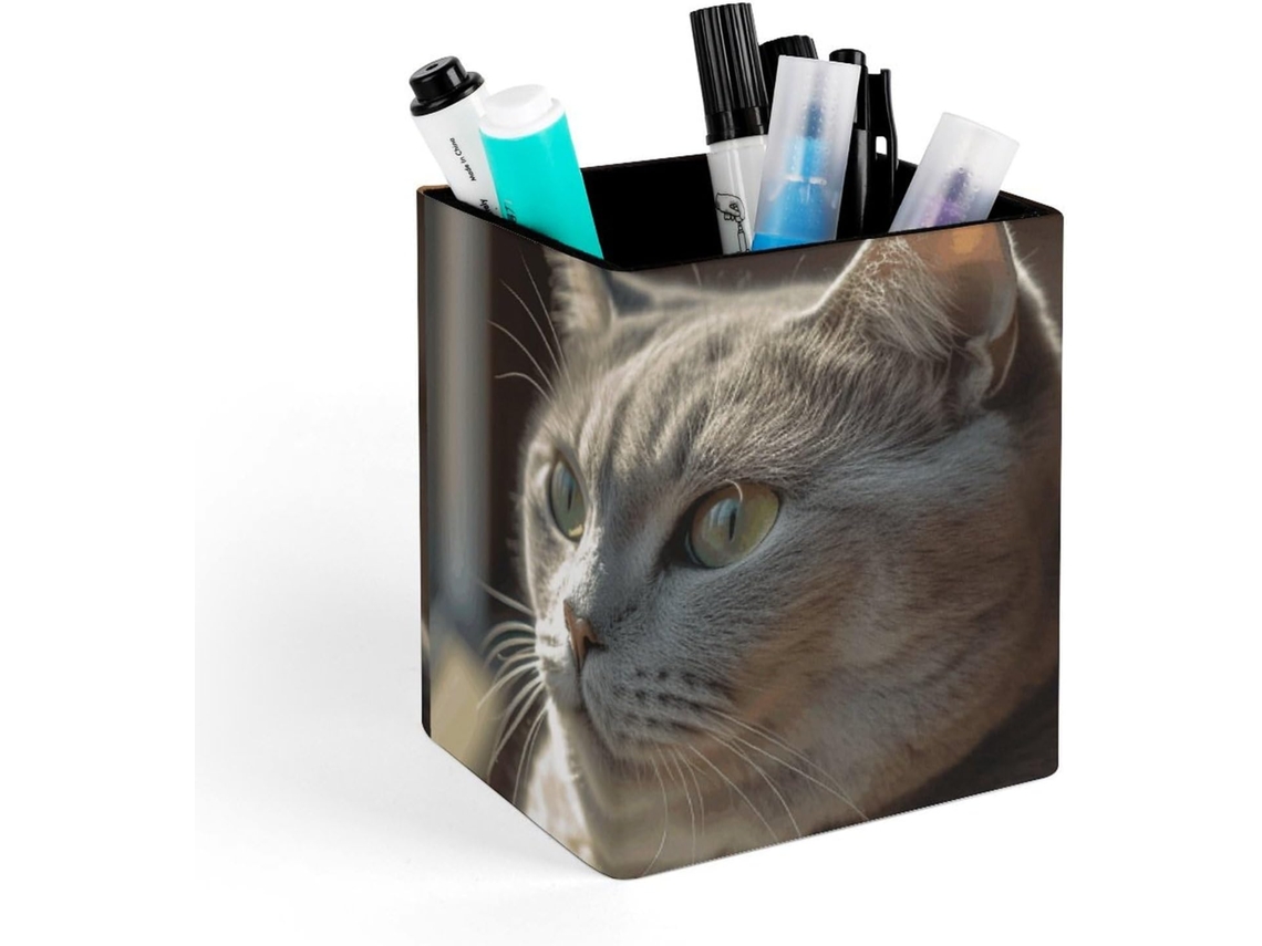 Porta Canetas Quadrado Em Couro Mesa, Porta Pincéis De Maquiagem, Organizador De Canetas, Gato Sentado No Peito