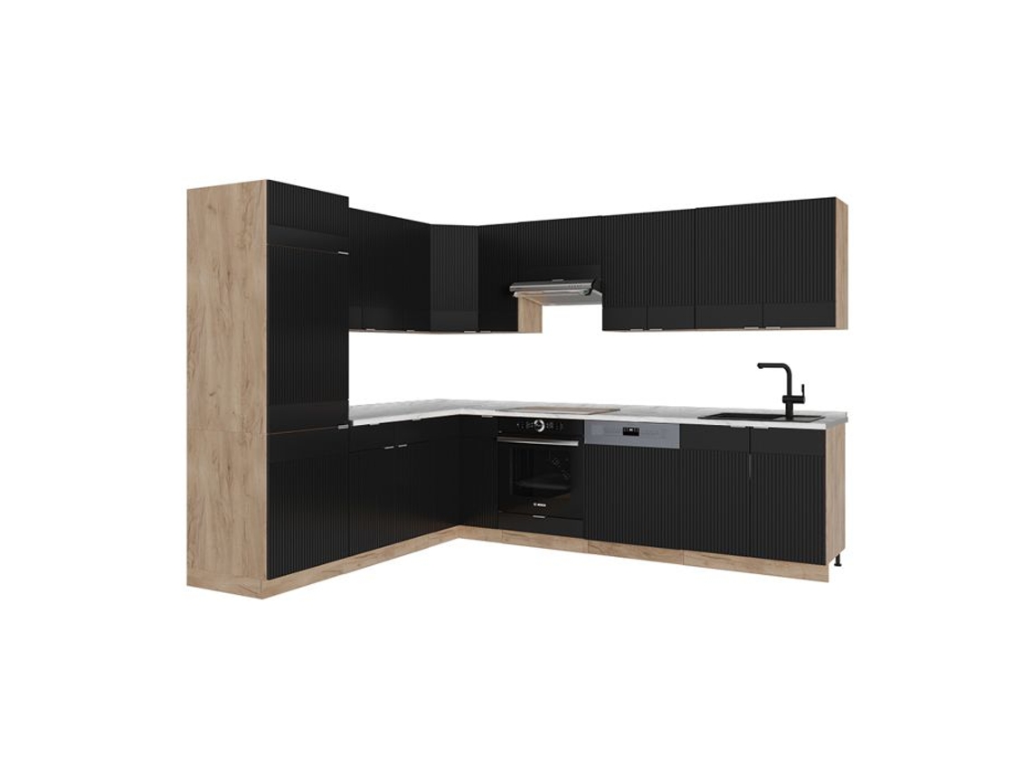 Cozinha Em Ângulo Fame-line, 227x60cm, Pt Mármore, Preto Riscado/carvalho De Força Dourado, Vicco 51049