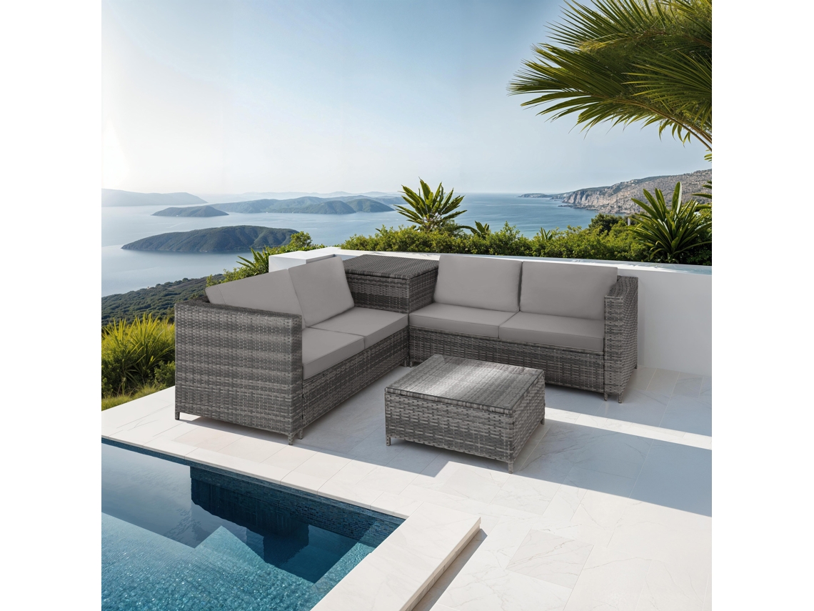 Conjunto De Jardim Para Exterior Com Almofadas Tectake, Estrutura De Aço Sólido E Rattan, 4 Peças, 140 X 75 X 65,5 Cm, Cinzento