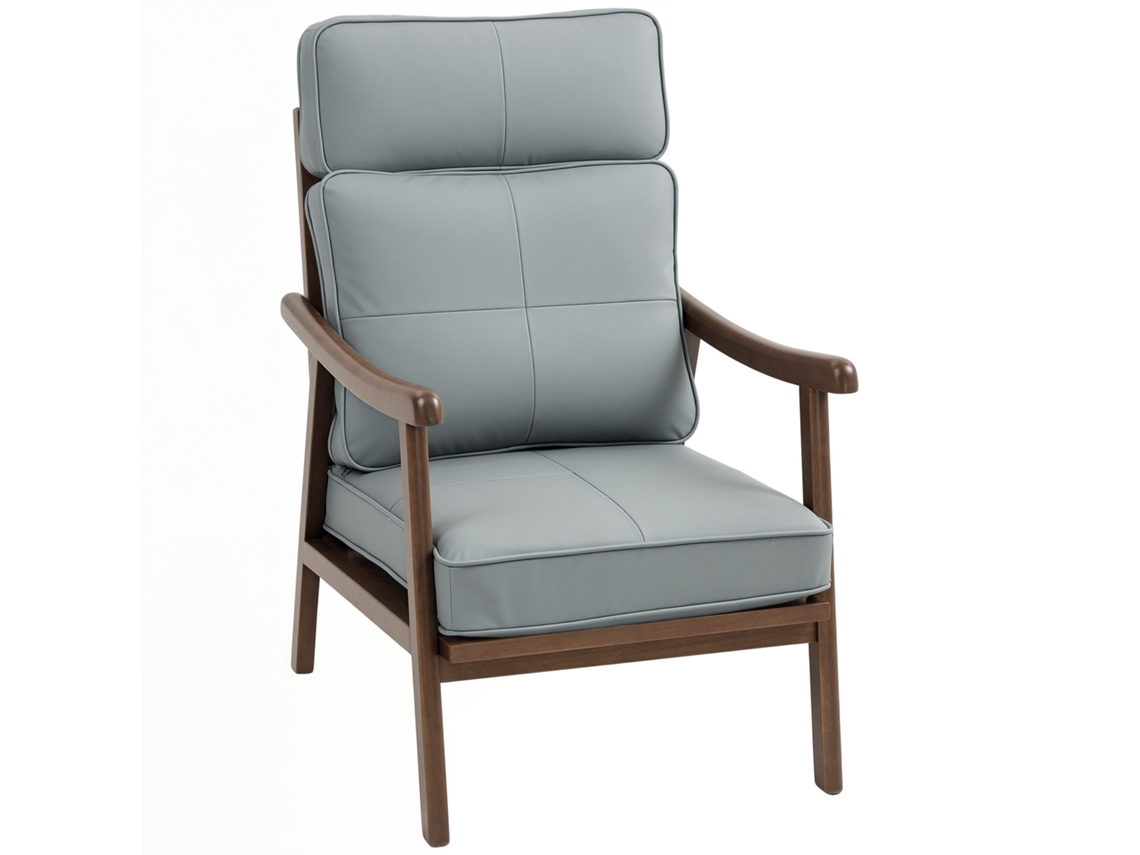 Poltrona Madeira de Borracaha e Couro Sintético Cor Cinzento 63,5x83x105 cm Homcom
