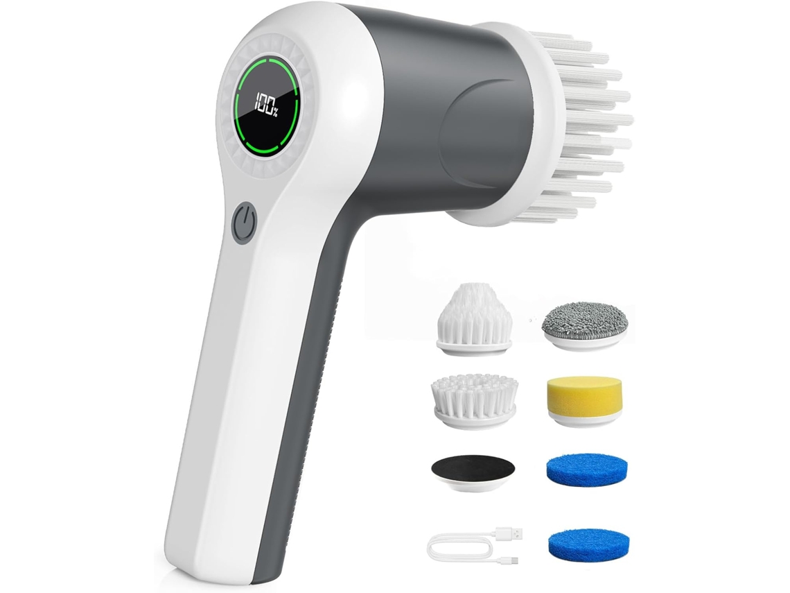 Esfregão Elétrico Giratório, Visor De Nível De Bateria, 2 Velocidades, Para Limpeza Com 6 Cabeças Substituíveis (cinza)